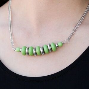 Green and silver beaded double strand silver tone necklace